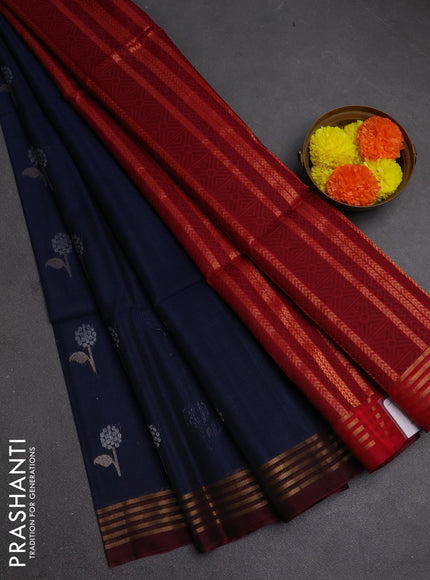 Kora silk cotton saree navy blue and maroon with allover silver & zari woven buttas and zari woven border