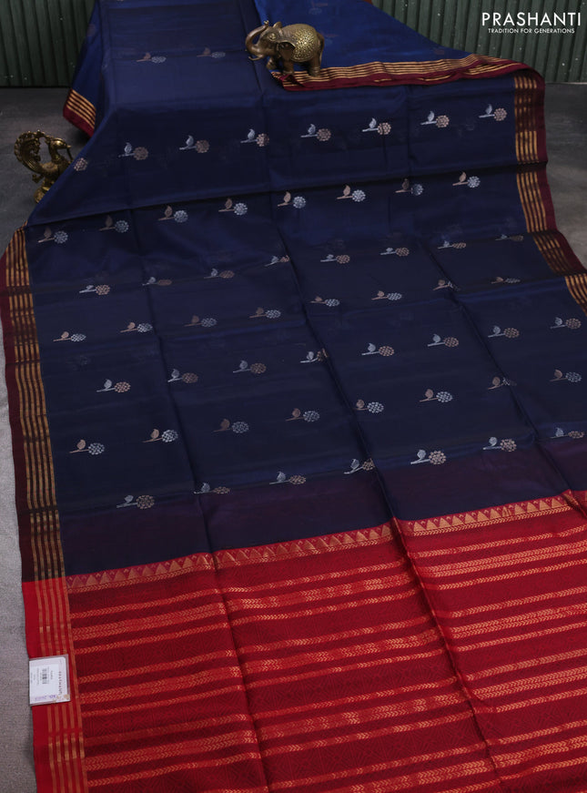 Kora silk cotton saree navy blue and maroon with allover silver & zari woven buttas and zari woven border