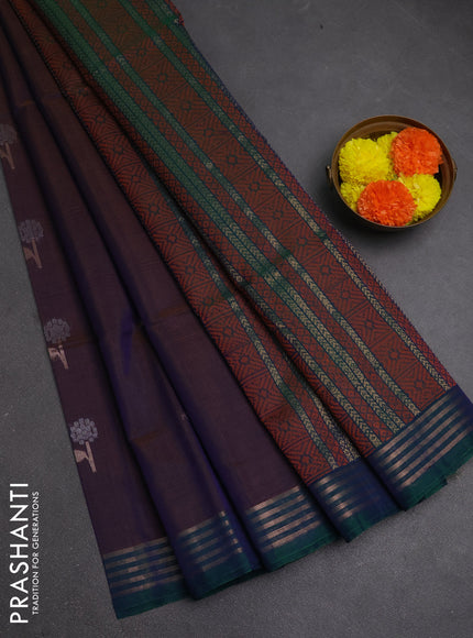 Kora silk cotton saree dual shade of violet and green with allover silver & zari woven buttas and zari woven border