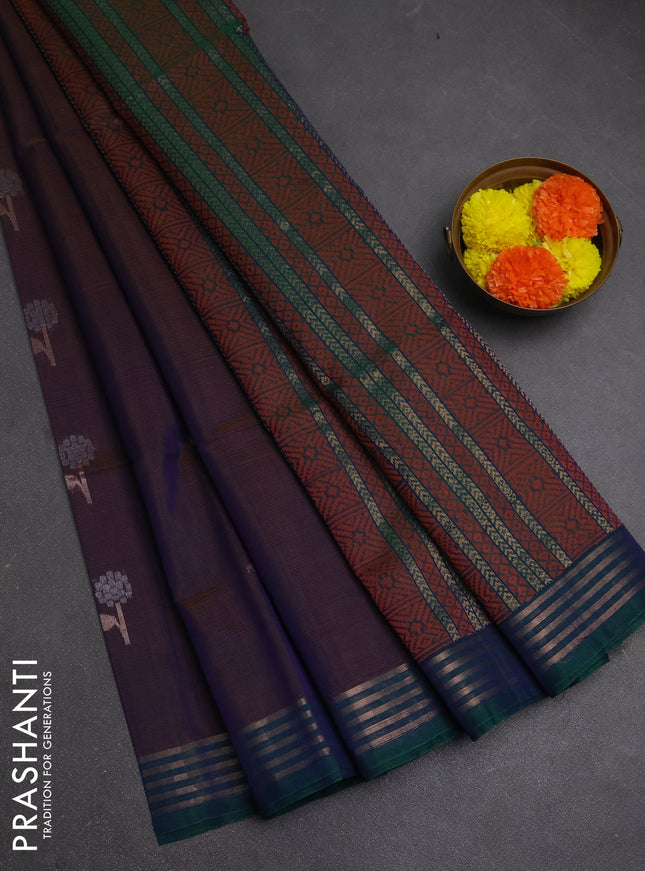 Kora silk cotton saree dual shade of violet and green with allover silver & zari woven buttas and zari woven border
