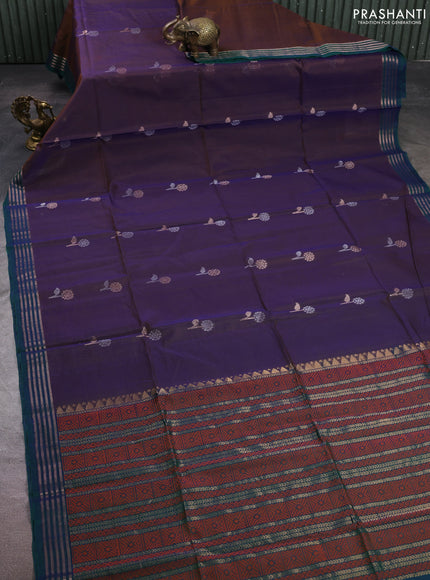 Kora silk cotton saree dual shade of violet and green with allover silver & zari woven buttas and zari woven border