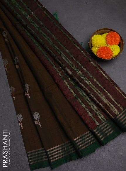 Kora silk cotton saree dark mustard and green with allover silver & zari woven buttas and zari woven border