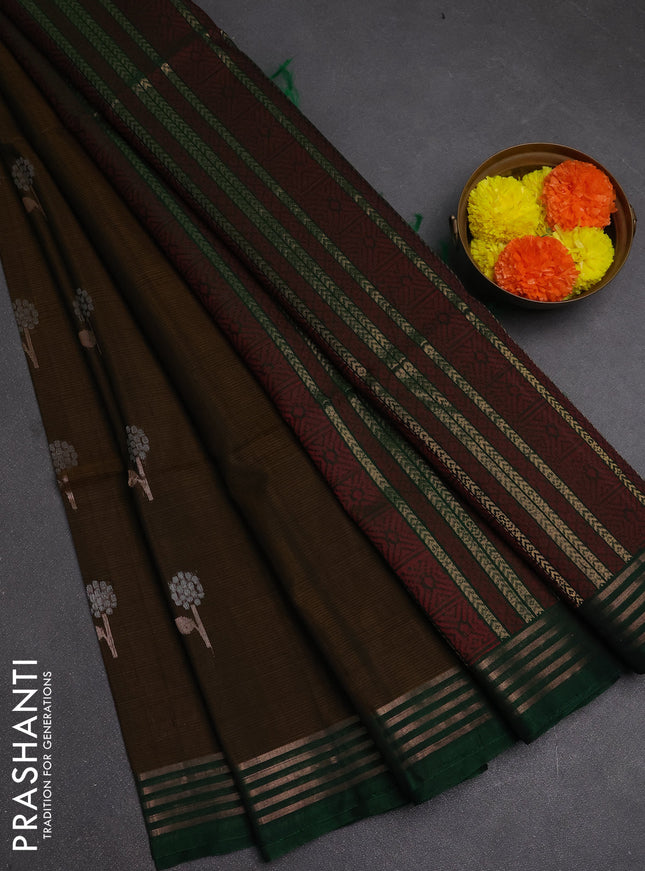 Kora silk cotton saree dark mustard and green with allover silver & zari woven buttas and zari woven border