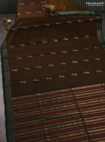 Kora silk cotton saree dark mustard and green with allover silver & zari woven buttas and zari woven border