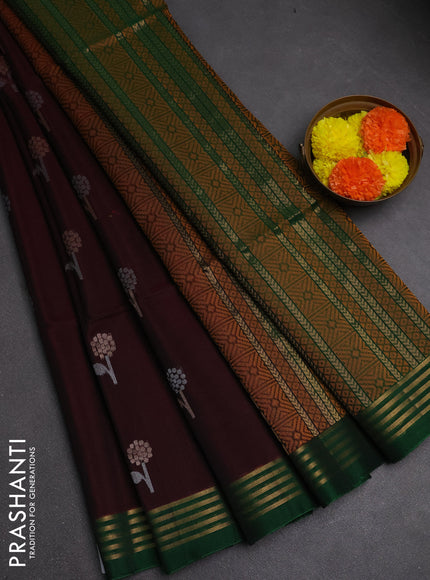 Kora silk cotton saree wine shade and green with allover silver & zari woven buttas and zari woven border