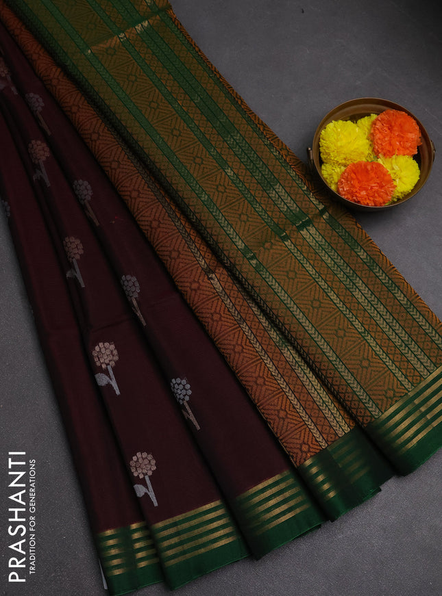Kora silk cotton saree wine shade and green with allover silver & zari woven buttas and zari woven border