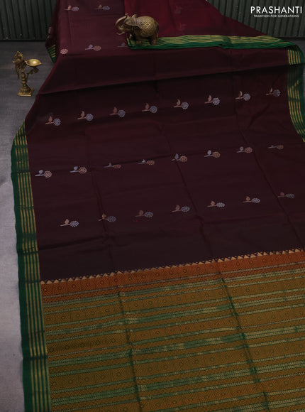 Kora silk cotton saree wine shade and green with allover silver & zari woven buttas and zari woven border