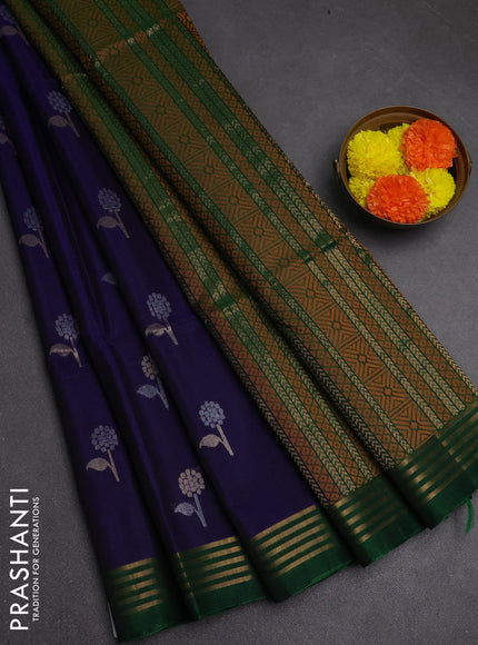Kora silk cotton saree violet and bottle green with allover silver & zari woven buttas and zari woven border