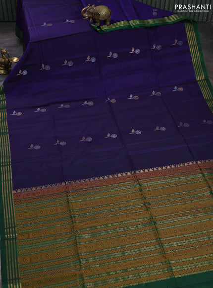 Kora silk cotton saree violet and bottle green with allover silver & zari woven buttas and zari woven border