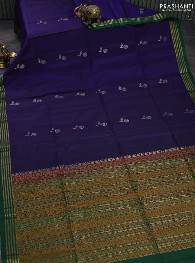 Kora silk cotton saree violet and bottle green with allover silver & zari woven buttas and zari woven border