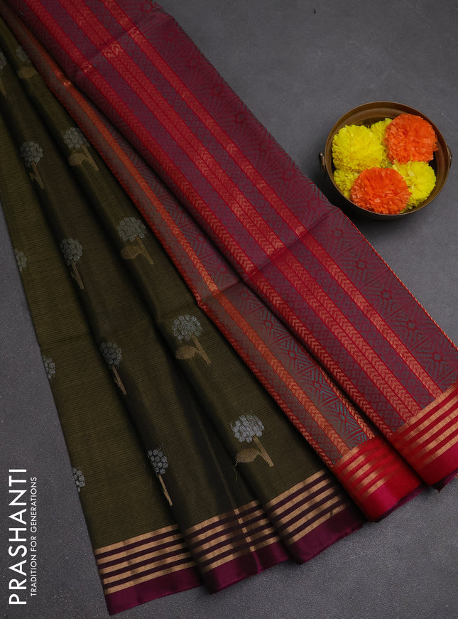 Kora silk cotton saree olive and pink with allover silver & zari woven buttas and zari woven border