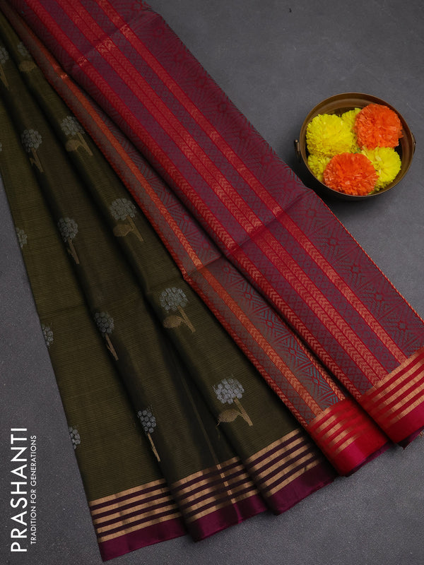 Kora silk cotton saree olive and pink with allover silver & zari woven buttas and zari woven border