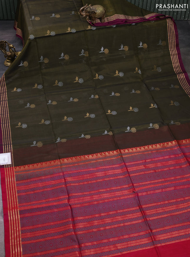 Kora silk cotton saree olive and pink with allover silver & zari woven buttas and zari woven border