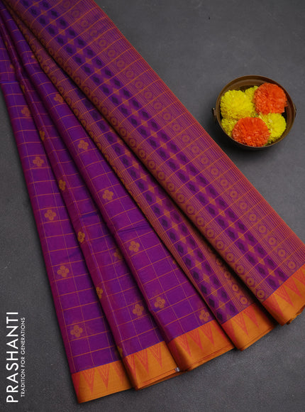 Kora silk cotton saree purple and mustard yellow with allover thread checks & buttas and thread woven border