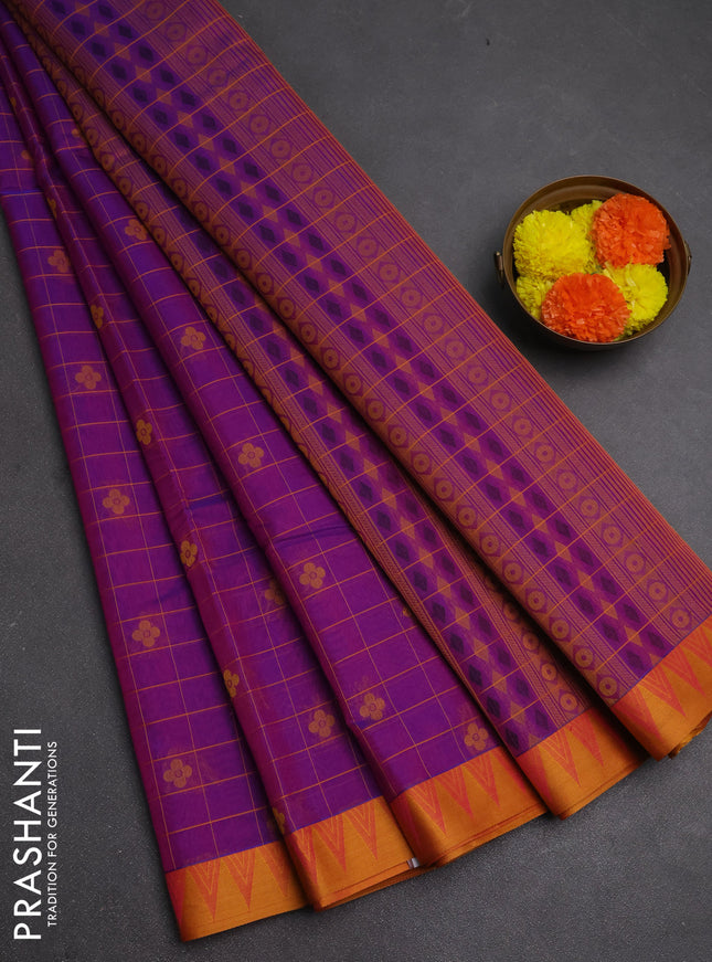 Kora silk cotton saree purple and mustard yellow with allover thread checks & buttas and thread woven border
