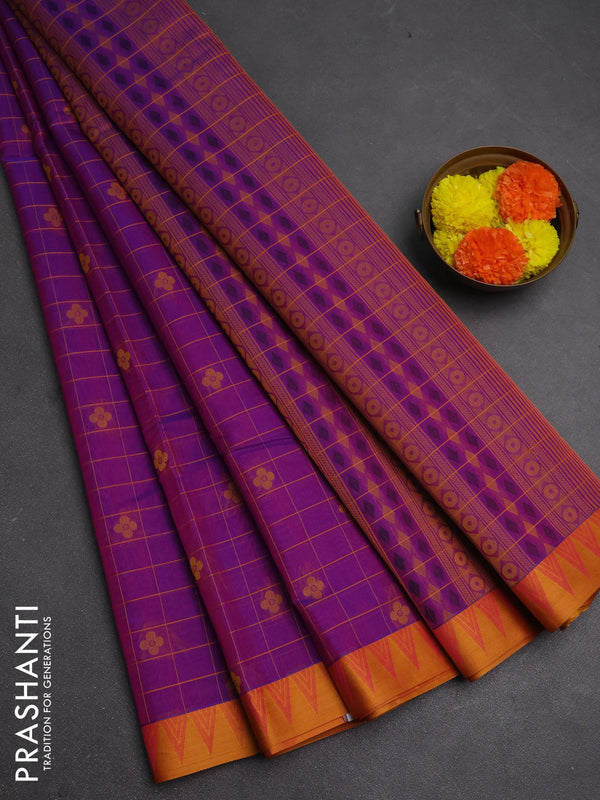 Kora silk cotton saree purple and mustard yellow with allover thread checks & buttas and thread woven border