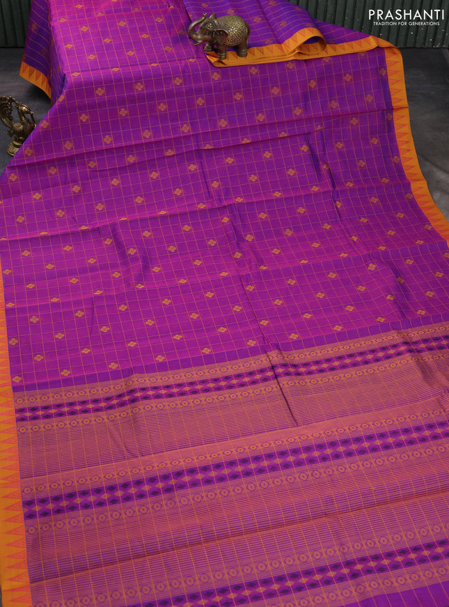 Kora silk cotton saree purple and mustard yellow with allover thread checks & buttas and thread woven border