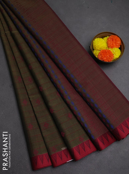 Kora silk cotton saree olive green and maroon with allover thread checks & buttas and thread woven border