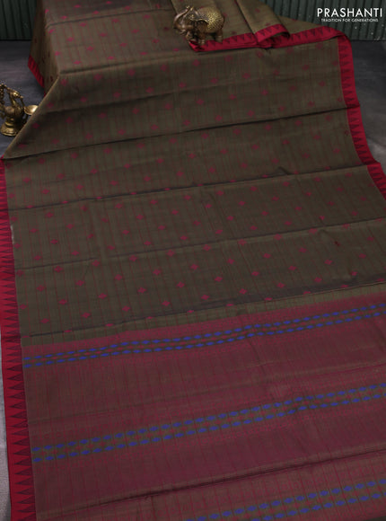 Kora silk cotton saree olive green and maroon with allover thread checks & buttas and thread woven border