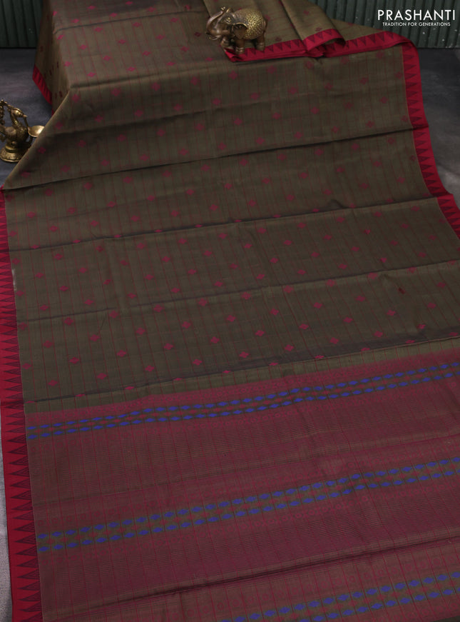 Kora silk cotton saree olive green and maroon with allover thread checks & buttas and thread woven border