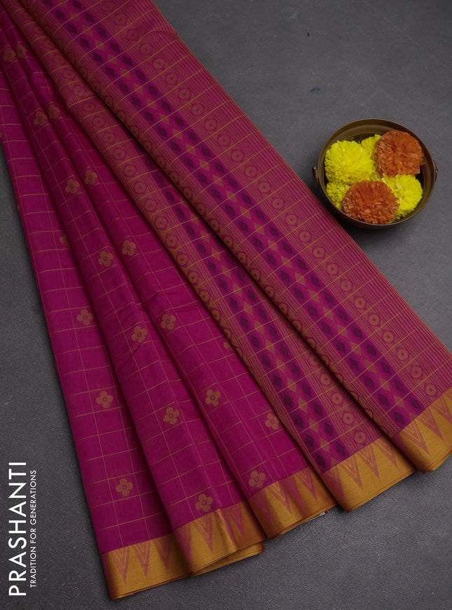Kora silk cotton saree pink and mustard yellow with allover thread checks & buttas and thread woven border