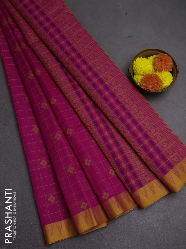 Kora silk cotton saree pink and mustard yellow with allover thread checks & buttas and thread woven border