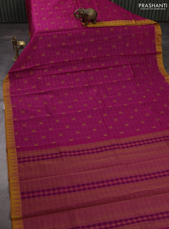 Kora silk cotton saree pink and mustard yellow with allover thread checks & buttas and thread woven border