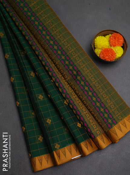 Kora silk cotton saree green and mustard yellow with allover thread checks & buttas and thread woven border