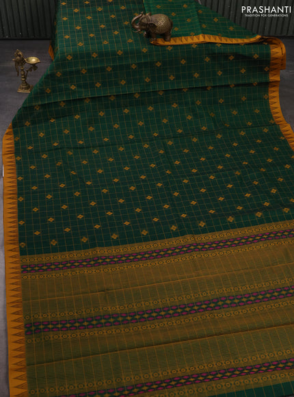 Kora silk cotton saree green and mustard yellow with allover thread checks & buttas and thread woven border