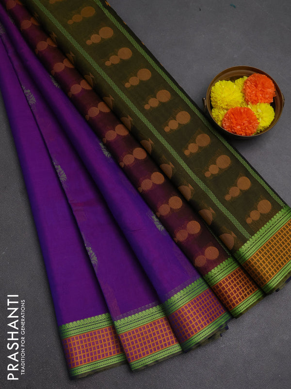 Kora silk cotton saree purple and dark mehendi green with thread woven buttas and thread woven border