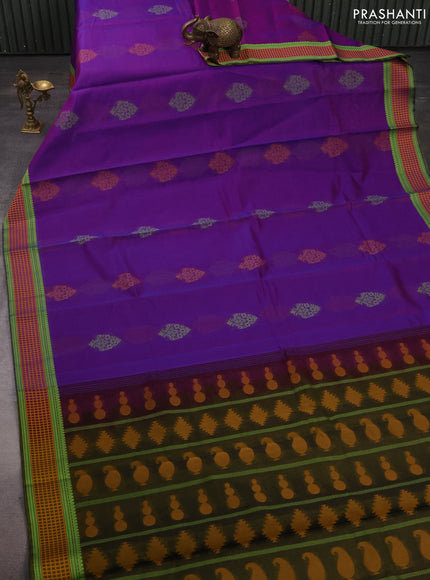 Kora silk cotton saree purple and dark mehendi green with thread woven buttas and thread woven border