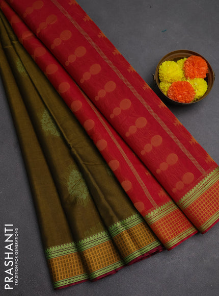 Kora silk cotton saree mehendi green and pink with thread woven buttas and thread woven border