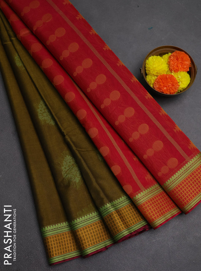 Kora silk cotton saree mehendi green and pink with thread woven buttas and thread woven border
