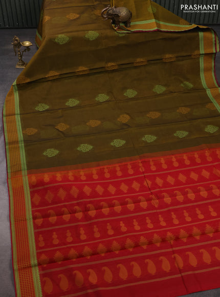 Kora silk cotton saree mehendi green and pink with thread woven buttas and thread woven border