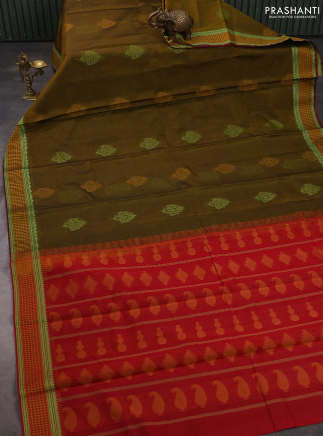 Kora silk cotton saree mehendi green and pink with thread woven buttas and thread woven border