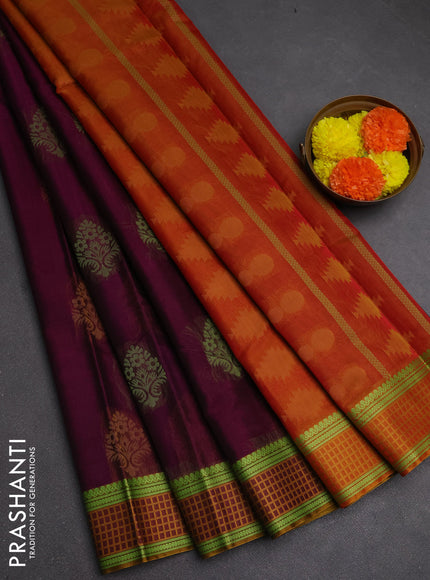 Kora silk cotton saree purple and dark mustard with thread woven buttas and thread woven border