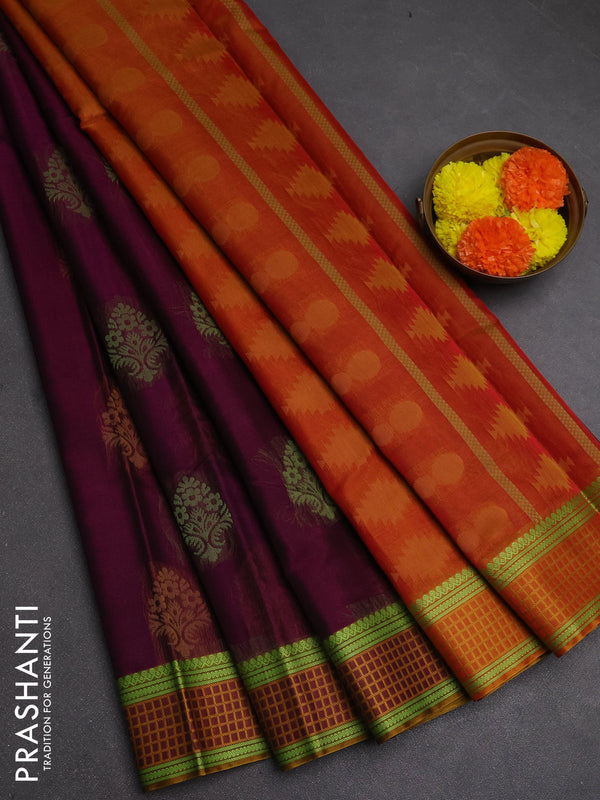 Kora silk cotton saree purple and dark mustard with thread woven buttas and thread woven border