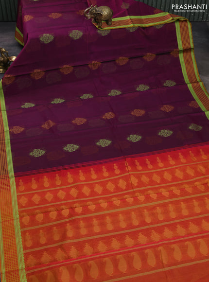 Kora silk cotton saree purple and dark mustard with thread woven buttas and thread woven border