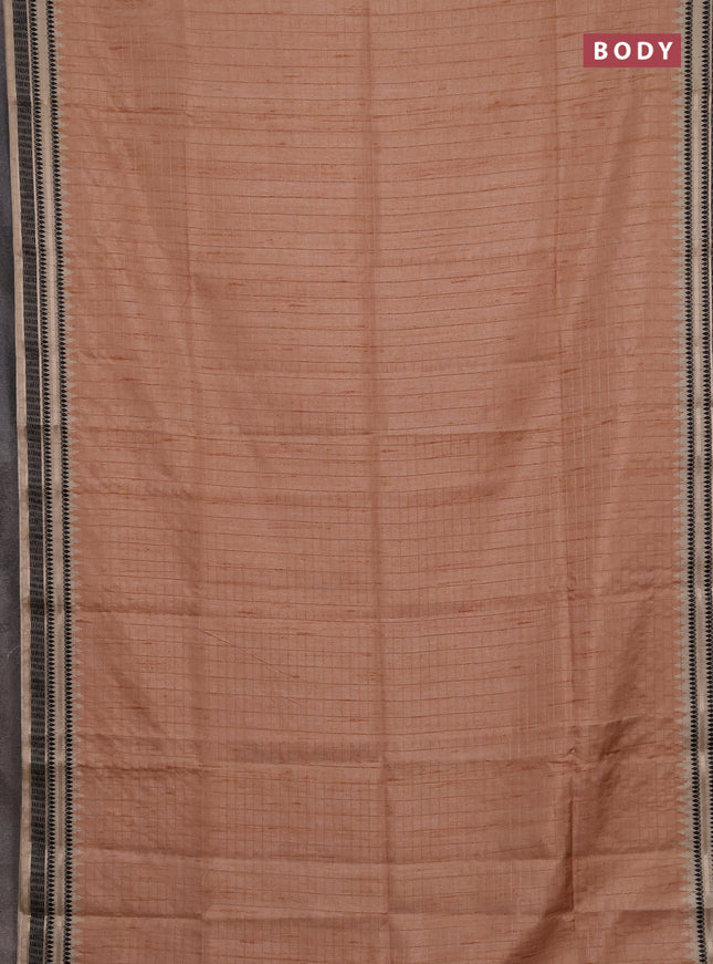 Semi tussar saree sandal and beige with allover zari checked pattern and temple design zari woven border