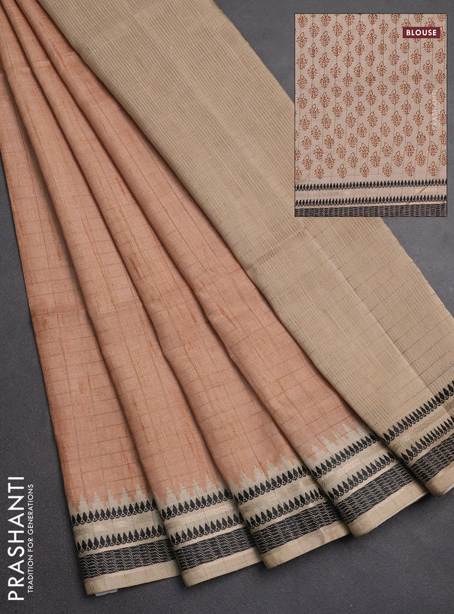 Semi tussar saree sandal and beige with allover zari checked pattern and temple design zari woven border