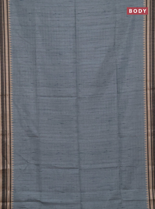 Semi tussar saree pastel blue and beige with allover zari checked pattern and temple design zari woven border