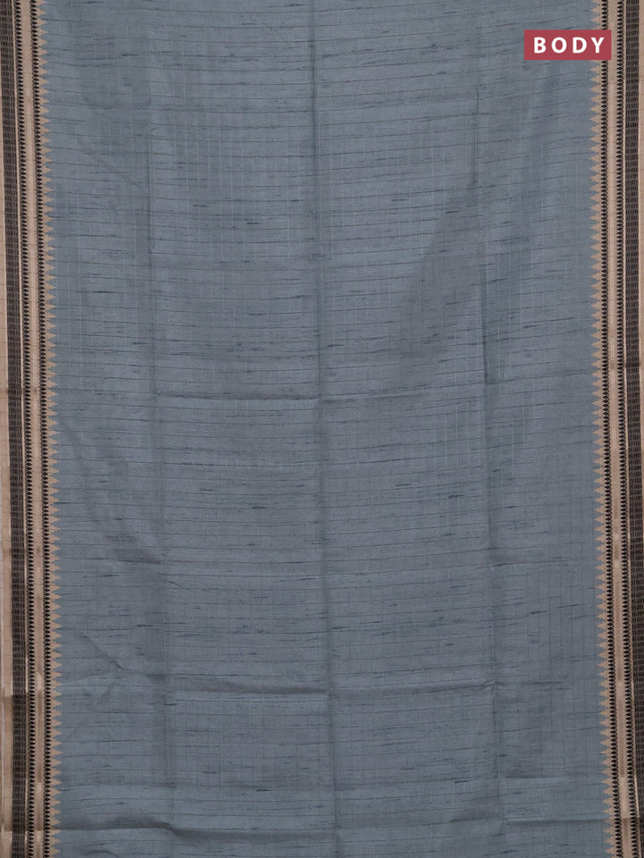 Semi tussar saree pastel blue and beige with allover zari checked pattern and temple design zari woven border