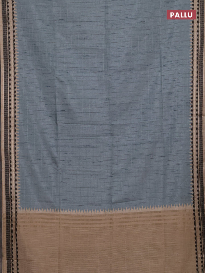 Semi tussar saree pastel blue and beige with allover zari checked pattern and temple design zari woven border