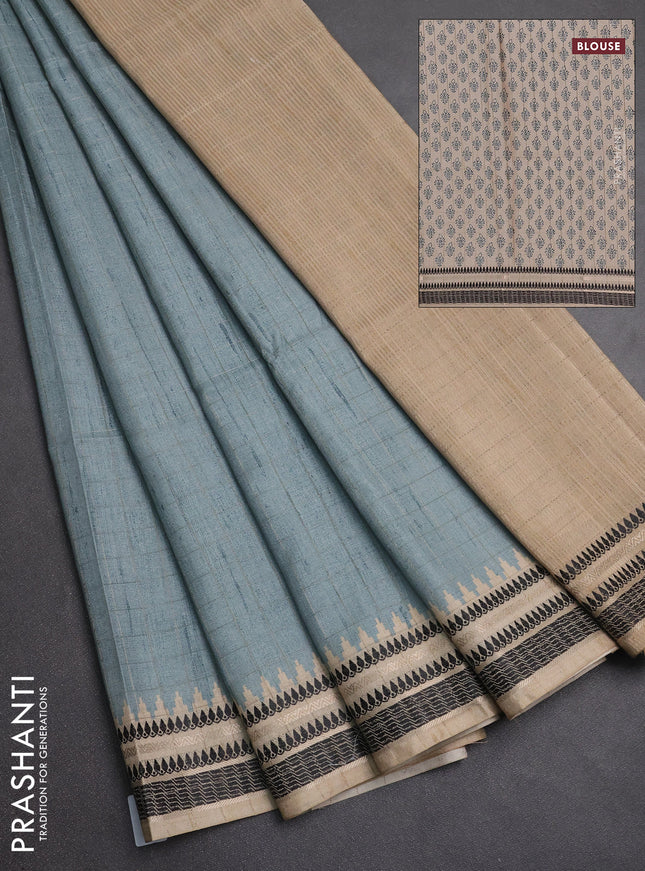 Semi tussar saree pastel blue and beige with allover zari checked pattern and temple design zari woven border