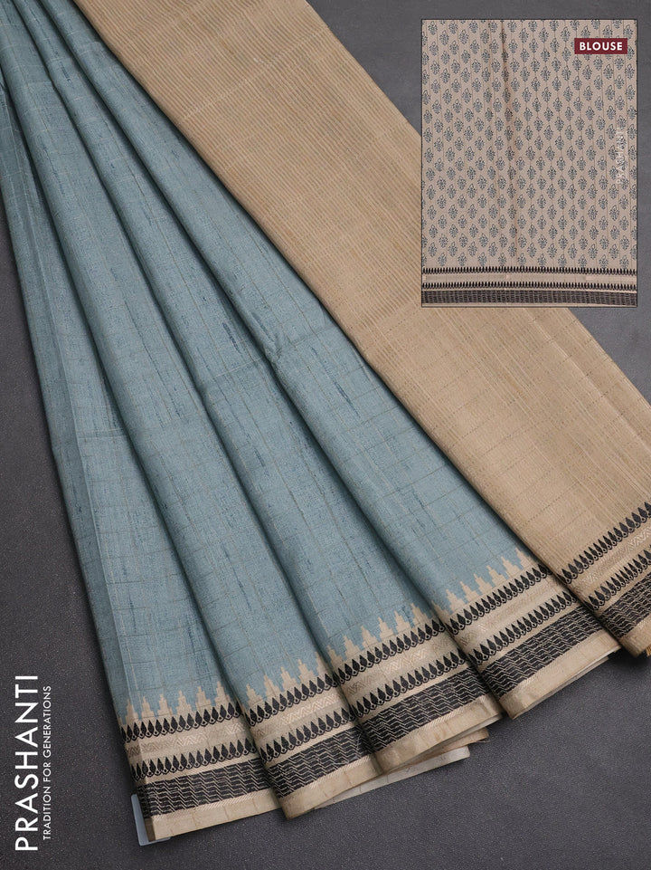 Semi tussar saree pastel blue and beige with allover zari checked pattern and temple design zari woven border