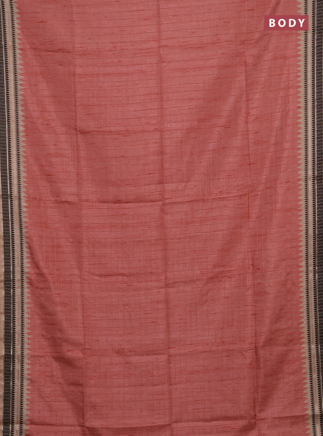 Semi tussar saree peach shade and beige with allover zari checked pattern and temple design zari woven border