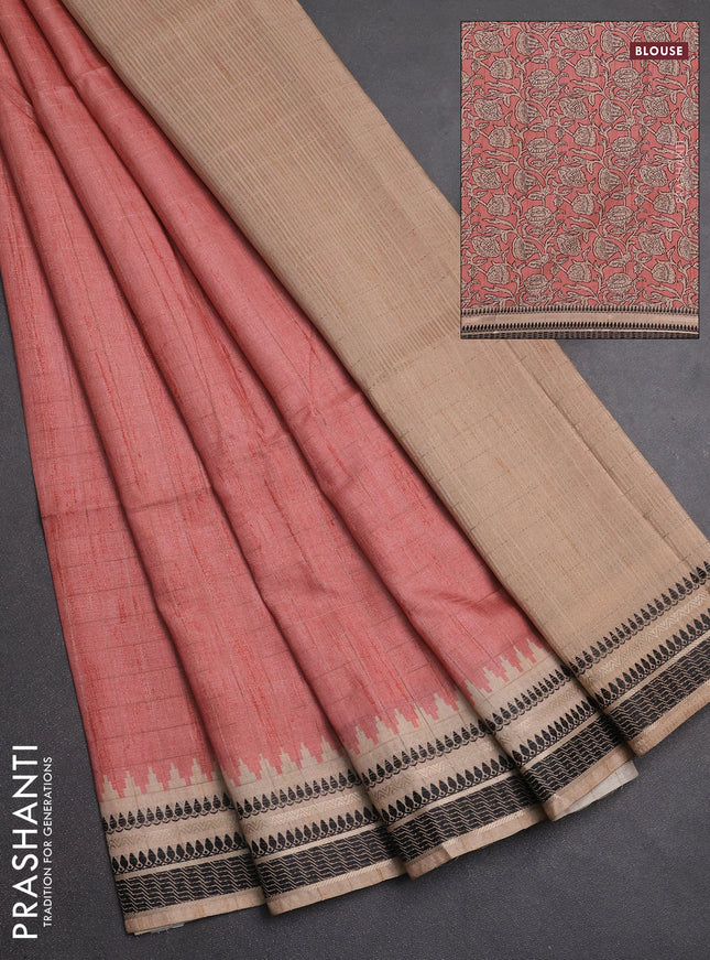 Semi tussar saree peach shade and beige with allover zari checked pattern and temple design zari woven border