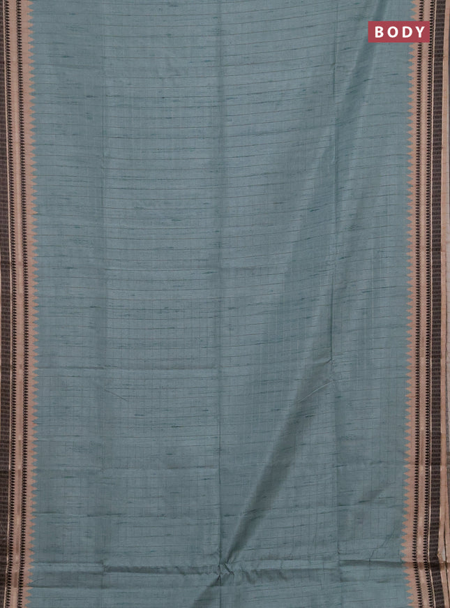 Semi tussar saree teal shade and beige with allover zari checked pattern and temple design zari woven border