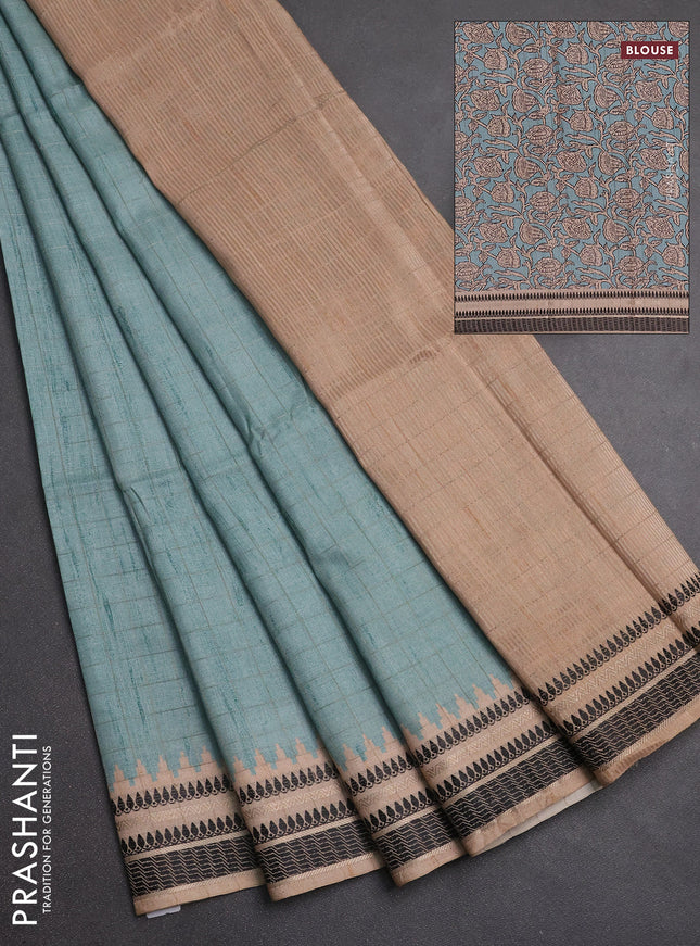 Semi tussar saree teal shade and beige with allover zari checked pattern and temple design zari woven border