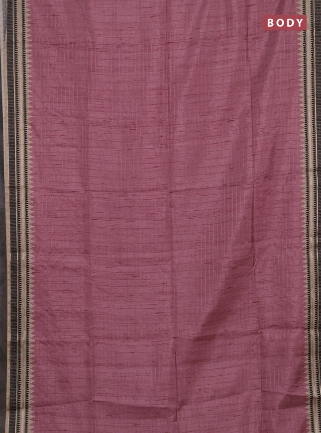 Semi tussar saree mauve pink and beige with allover zari checked pattern and temple design zari woven border